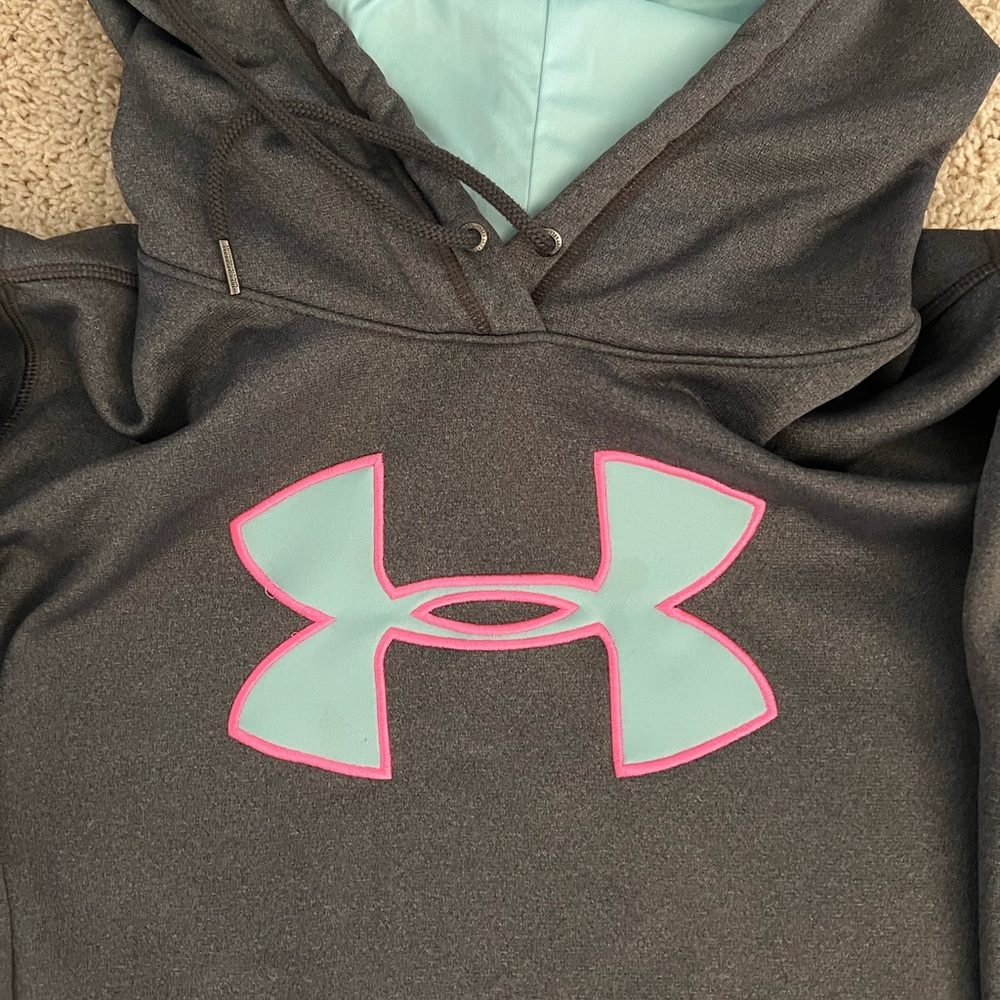 Womens XL heather gray underarmour sweatshirt aqua and hot pink logo
